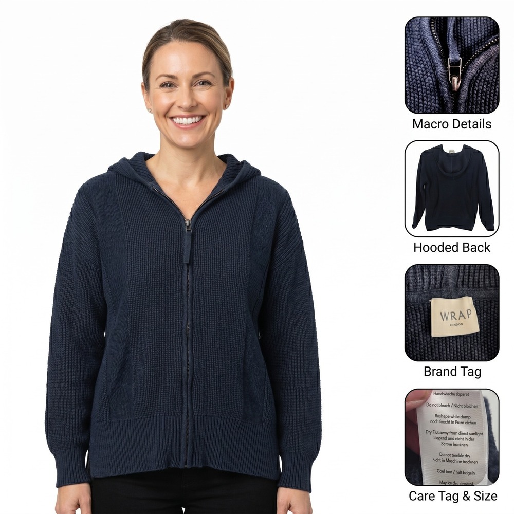 Wrap London Navy Blue Ribbed Knit Full Zip Hoodie Cardigan Sweater Cotton Sz 2